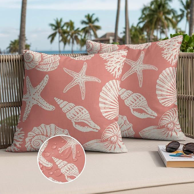 Waterproof Pillow Covers Set of 2 24x24 Inch Ocean Coastal Outdoor Cushion Covers Shells Starfish Conch Coral Red Linen Decorative Pillow Cases for Patio, Sofa, Couch, Garden, Balcony