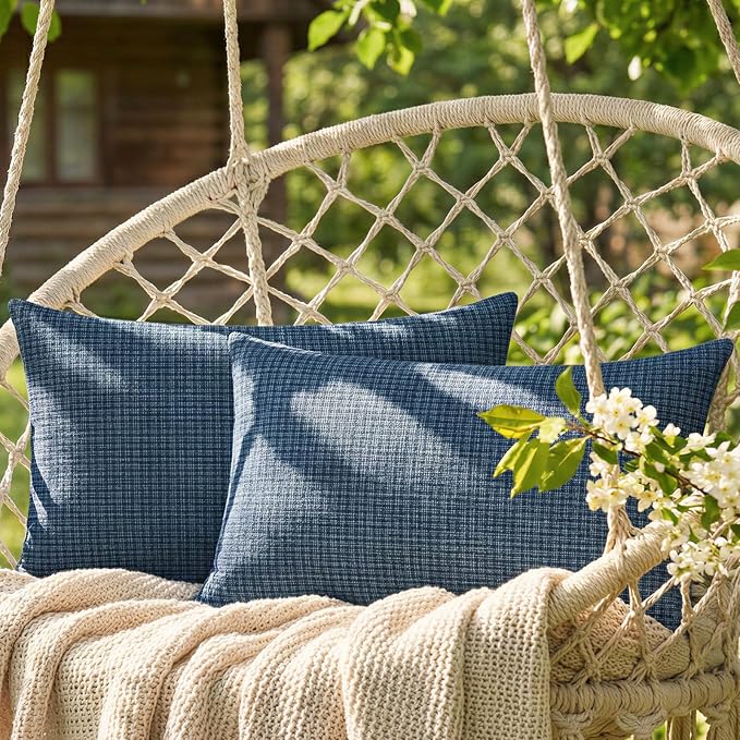 Lewondr Summer Outdoor Waterproof Throw Pillow Covers, Indigo, 12×20" | Pack of 2, Spring Decorative Lumbar Throw Pillow Cases Summer Garden Cushion Cover for Patio Sofa, Balcony Bench Couch