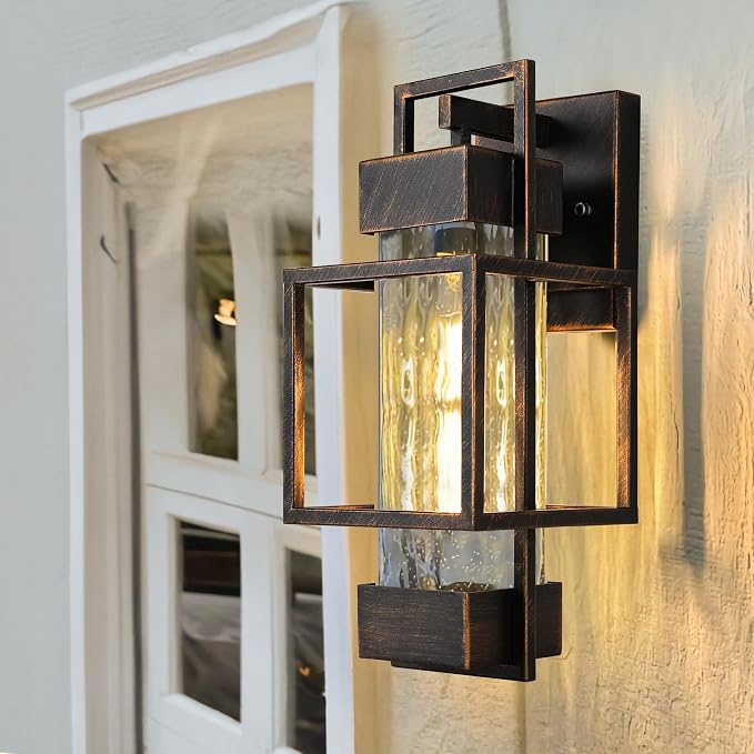 Modern Outdoor Light Fixture Dusk to Dawn Outdoor Lighting, 15" H Exterior Wall Sconce Waterproof Porch Light, Outside Light for House with Water Glass for Garage Doorway Black Brushed Gold