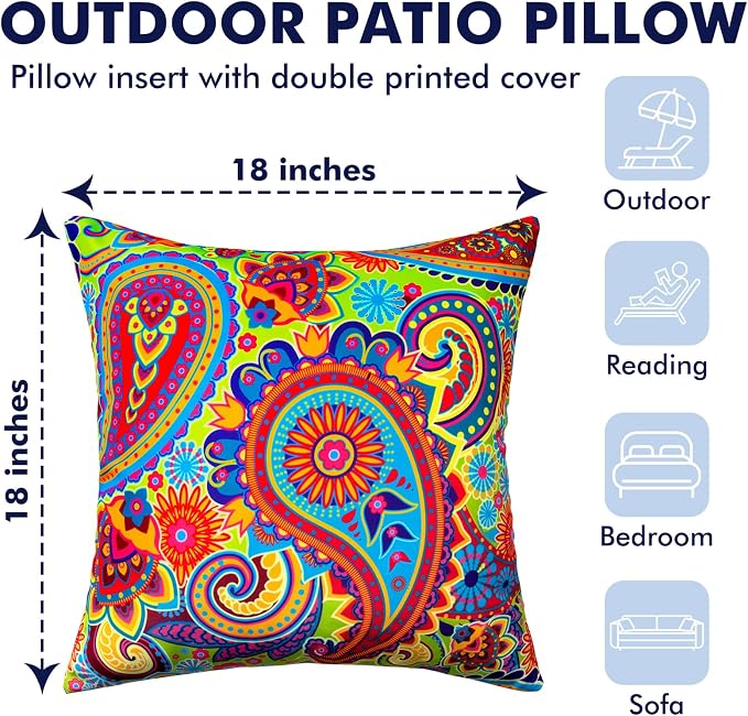 2 Pack Waterproof Outdoor Pillows, 18x18 Outdoor Throw Pillows | Patio Furniture Pillows, Fluffy Decorative Pillows, Waterproof &Fade Resistant, Removable & Washable, Paisley Colorful