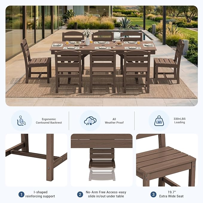 KINGYES Outdoor Armless Dining Chairs Set of 4,All-Weather HDPE Patio Chairs for Backyard,Pooside,Brown