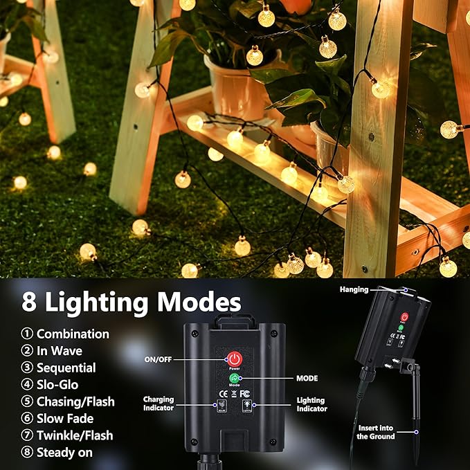 Joomer Solar String Lights Outdoor Waterproof, 65FT 100LED Globe,Warm White | 8 Modes Waterproof Outdoor Solar Powered Patio Lights for Spring Summer Garden Lawn Gazebo Porch Backyard Tree Decorations