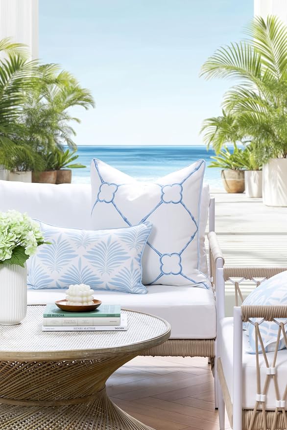 Hofdeco Premium Grandmillennial Coastal Hampton Patio Indoor Outdoor Lumbar Pillow Cover Only, 12"x20" Water Repellent for Backyard, Couch, Poolside, Baby Blue Print Abstract Plam Leaves
