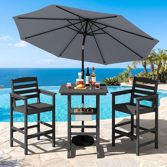SERWALL Adirondack Bar Chairs and Table 3 Pieces Set with Umbrella, HDPE Bar Height Chairs Set of 2 and Bar Table with Ice Bucket, Outdoor Bar Stools Set for Balcony, Poolside, Backyard, Black