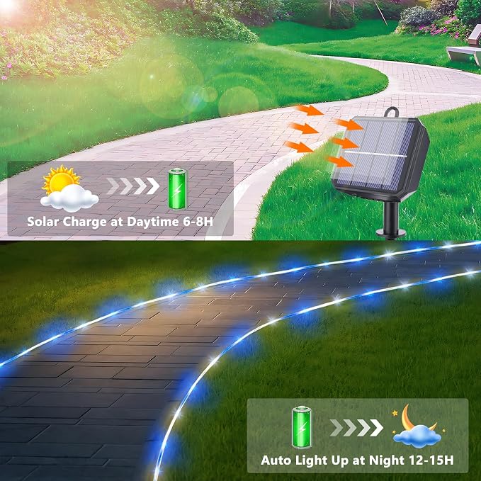 Jnaurb Solar Rope Lights, 66ft 200LED Solar String Lights, 8 Modes Waterproof Solar Outdoor Light, Flexible Clear Trampoline Light for Garden Backyard Patio Deck Porch Pool Tree Decor - White & Blue