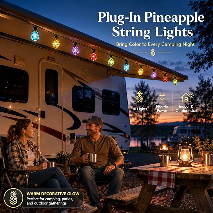Vigdur Pineapple String Lights, 10FT Multicolor Patio Lights Outdoor | 10 Plastic Pineapple Bulbs, UL Listed, 10 Strands Connectable, Outdoor Hanging Lights for Porch Garden Wedding Party Decor