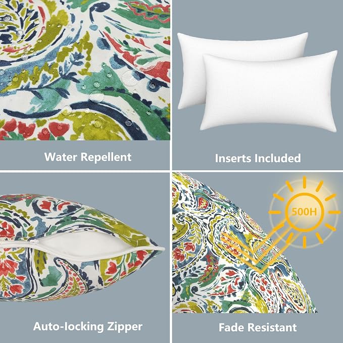 LVTXIII 2 Pack Outdoor Lumbar Pillows 12x20 Inch with White Piping, Fade Resistant Support Throw Pillows with Inserts for Patio Furniture, Sofa, Chair, Paradise Paisley