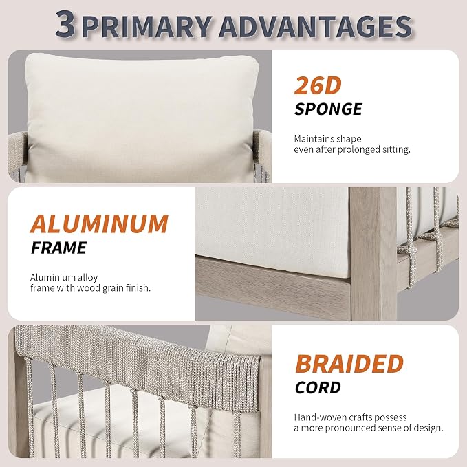 2-Piece Outdoor Sofa Set, Never-Rust Aluminum Patio Armchairs with Hand-Woven Rope & Thick Cushions, Faux Wood Grain Finish Balcony Outdoor Sofa Chairs for Garden, Deck, Porch