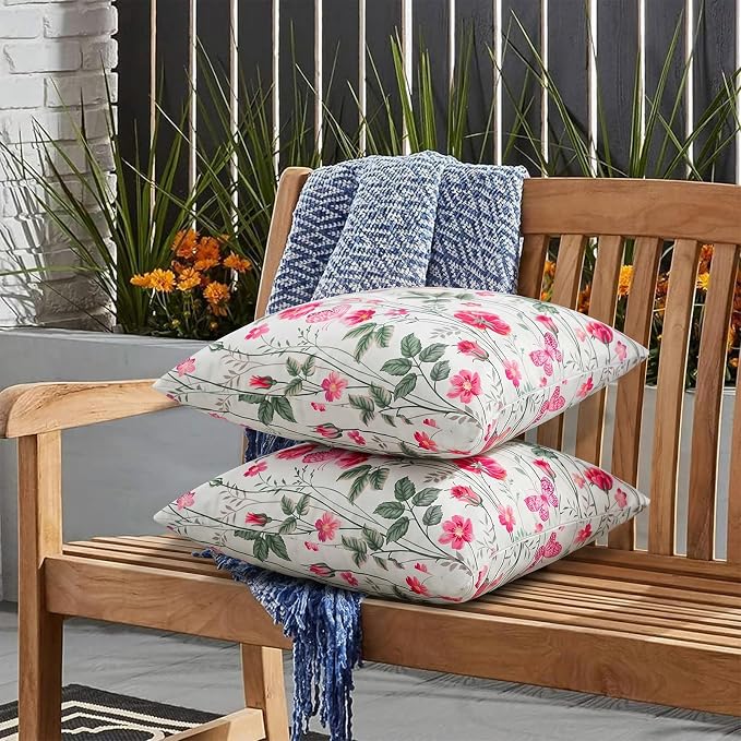 Merrycolor Waterproof Floral Pillow Covers 18x18 Inch Set of 2 Summer Accent Cushions Outdoor Decorative Square Couch Cushion Cases for Patio Garden Beach Sofa,Green-Red