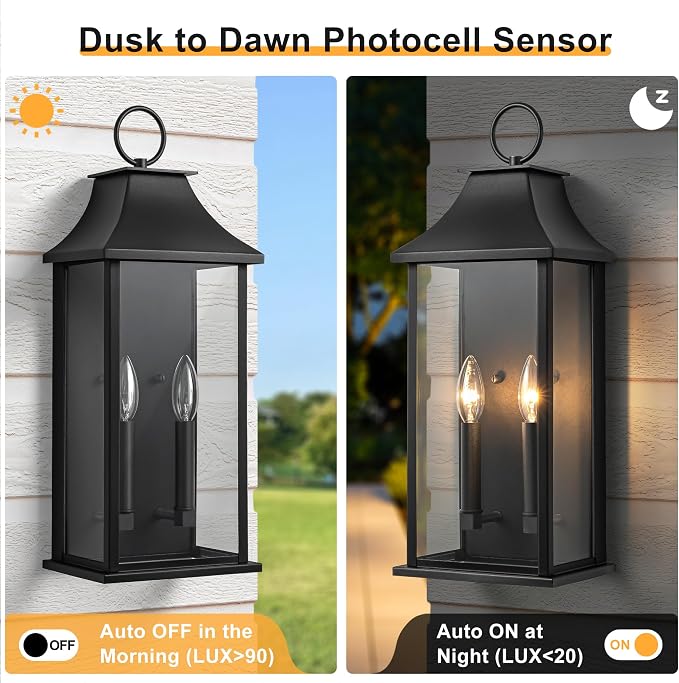 Outdoor Wall Lights, Dusk to Dawn Waterproof Outside Wall Sconce | Large Modern Wall Fixture with Glass, Exterior Lamp for House, Porch, Garage, 2-Light (20.6 Inch, Black)