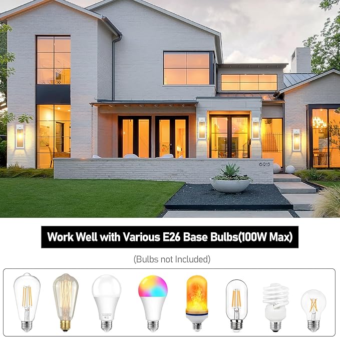 BesLowe 15’’ Large Outdoor Wall Lights, Modern White Exterior Wall Lanterns | Waterproof Metal Construction, Rust-resistant, Quick & Easy Installation, Clear Glass Shades & Standard E26 Socket