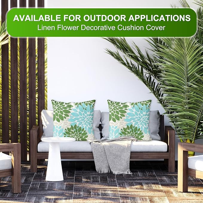 M METERXITY 2-Pack Pillow Cover 20x20 Linen, Sky Blue Green Gray | Water Resistant Floral Decor Slipcover, for Patio, Balcony, Garden, Outdoor Pillow Case
