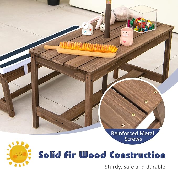 KOTEK Kids Picnic Table with Umbrella Foldable, Backyard Wooden Table & Bench Set w/Removable Cushions, Activity Art Play Table, Indoor Outdoor Toddler Picnic Table for Patio, Lawn & Garden (Blue)