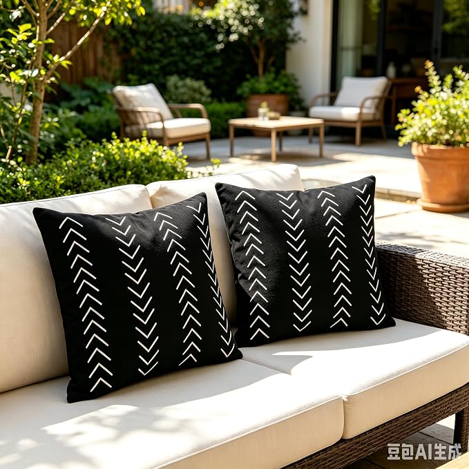 Outdoor Pillows Waterproof,18x18 inch Black and White Throw Pillows Boho Set of 2 for Patio Furniture,Sunbrella Outdoor Pillow Covers for Couch