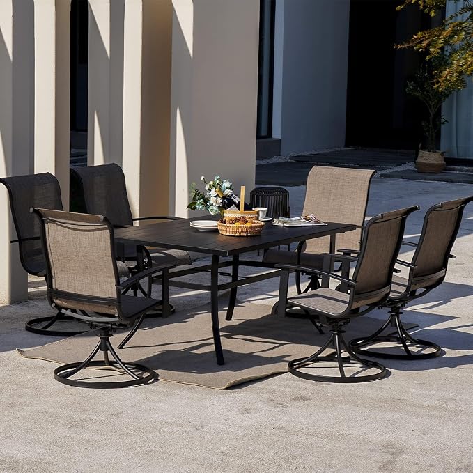 Grand patio 7-Piece Patio Dining Set for 6, Outdoor Dining Set with Swiviel Patio Chairs & 1 Rectangular Woodgrain Dining Table with Umbrella Hole, Mixed Coffee