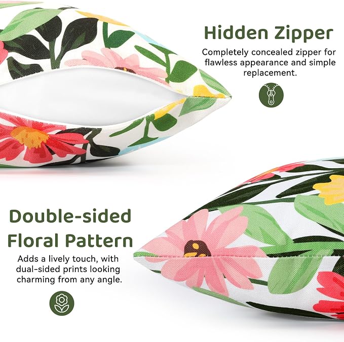 Lewondr Summer Floral Waterproof Outdoor Pillow Covers, 2 Pack, 18"×18" | Spring Summer Floral Waterproof Throw Pillow Covers for Patio Furniture Garden Square Outdoor Decorative Pillow Covers