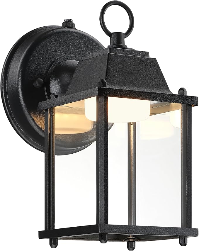 Outdoor Wall Light Fixture Dusk to Dawn, Rustproof Aluminum, LED | Exterior Porch Light Wall Sconce Lantern for House, Patio, Garage, Waterproof, Glass, 9.5W 800 Lumen, 3000K, Black, 1 Pack