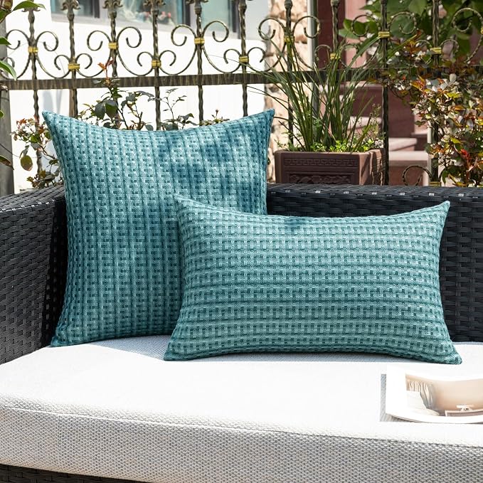 Kevin Textile Outdoor Waterproof 24"x24" Pillow Covers 2 Pack, Teal | Water Resistant Weaving Faux Linen Texture Throw Pillow Covers, Outside Decorative Pillowcases for Garden Patio Balcony Couch