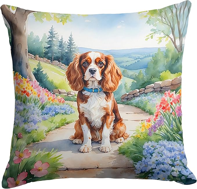 Caroline's Treasures Cavalier Spaniel Spring Path Throw Pillow Machine Washable, Indoor Outdoor Decorative Pillow for Couch, Bed or Patio, 18Hx18W