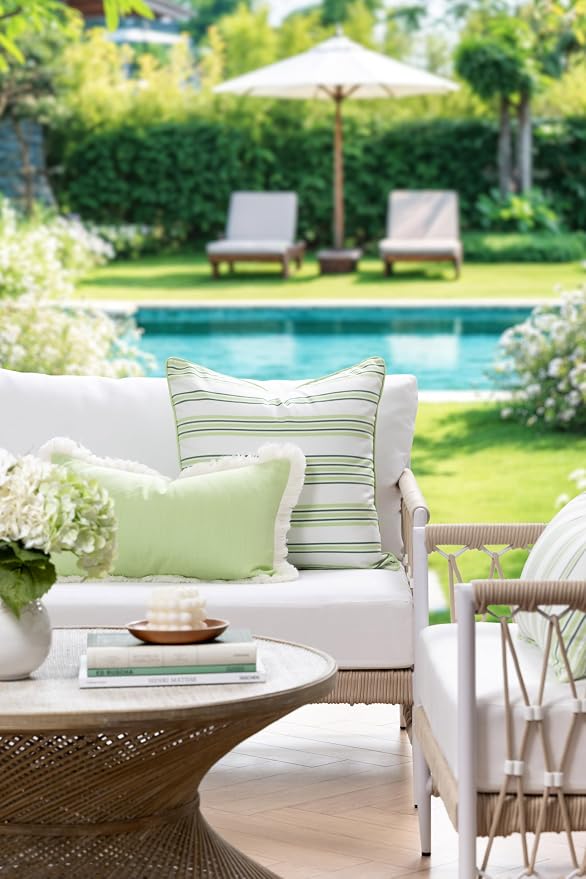 Hofdeco Premium Coastal Hampton Outdoor Performance Lumbar Pillow Cover Only, 12"x20" Water Repellent, UV and Fade Resistant for Backyard, Couch, Poolside, Grass Green Woven Solid
