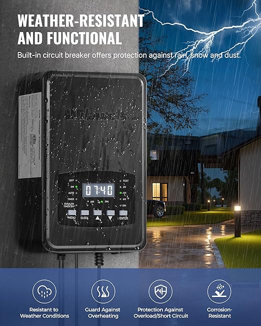 300W Low Voltage Landscape Transformer, Weatherproof Outdoor Low Voltage Transformer, 120V AC to 12/14V AC, Landscape Lighting Transformer with Timer and Photocell Sensor, ETL Listed D12LT06