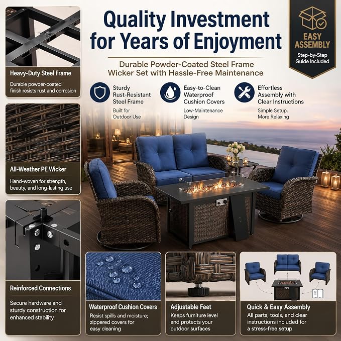 HUMMUH 5-Piece Wicker Swivel Rocker & Glider Set with Fire Pit, Brown/Blue | 50,000 BTU fire pit, powder-coated steel frame, UV-proof PE wicker, 360-degree swivel, 4-inch thick sponge cushions