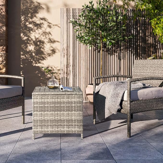 VINGLI Outdoor Side Table with Storage, 27-Gallon Patio Deck Box Outdoor Wicker Side Table for Poolside Balcony Storage Table (Grey, Square)