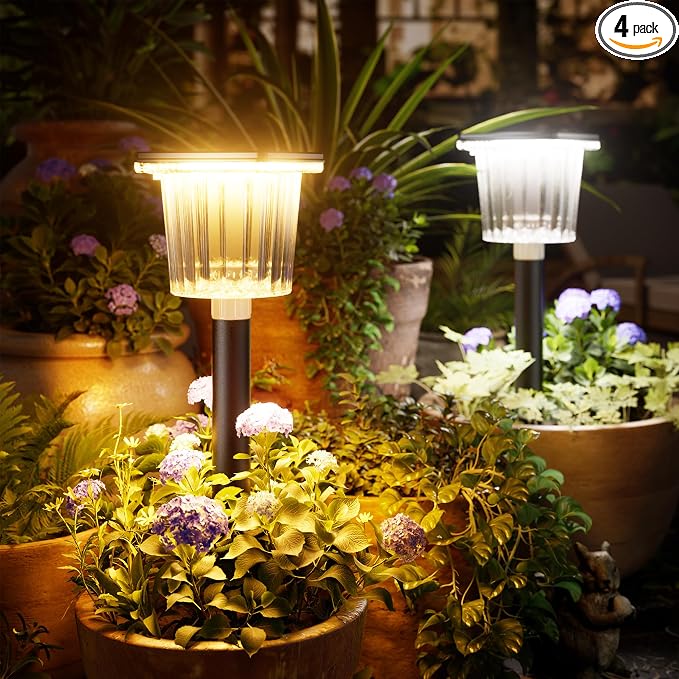 BITPOTT Super Bright Solar Pathway Lights 4 Pack, Adjustable Warm & Cold Solar Lights Outdoor Waterproof IP65, Auto On/Off, Outdoor Decor Light for Garden, Landscape, Path, Yard, Patio, Driveway