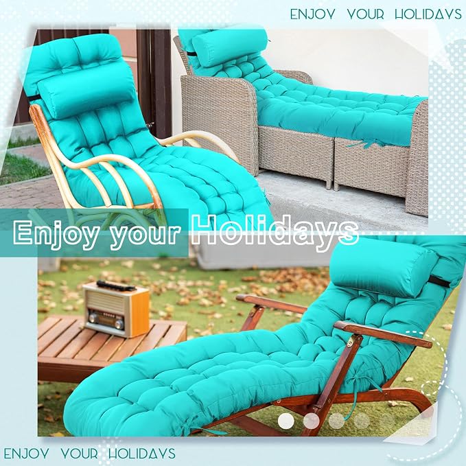 Tudomro Outdoor Chaise Lounge Cushion 66x21x4'' Waterproof & Fade-Resistant Patio Pool Chaise Lounge Cushion Headrest Pillow Tie Replacement Rocking High Back Chair(Turquoise,Set of 2)