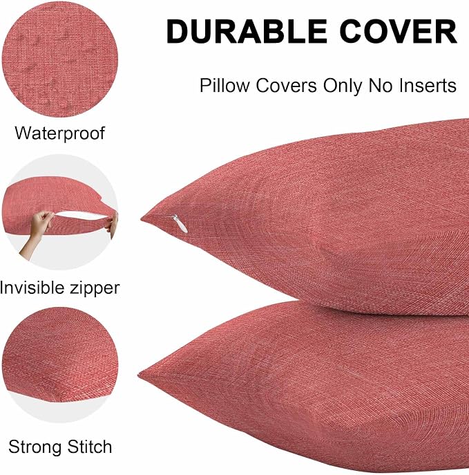 Vandarllin Outdoor Throw Pillows Covers 20x12 inch Set of 2 Waterproof Coral Red Linen Decorative Zippered Cushion Covers for Patio Furniture, Farmhouse Pure Color Lumbar Pillowcases