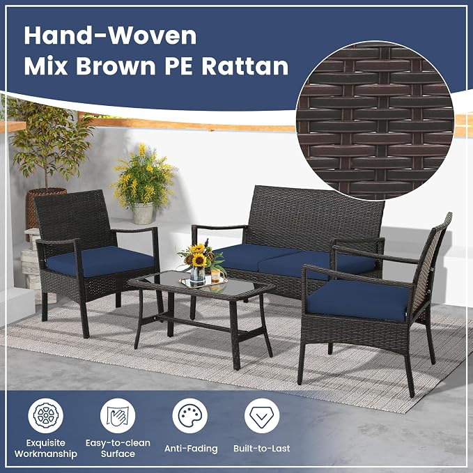 HAPPYGRILL 4-Piece Rattan Patio Conversation Set with Tempered Glass Coffee Table, Comfortable Wicker Loveseat & Chairs for Poolside, Courtyard, Balcony