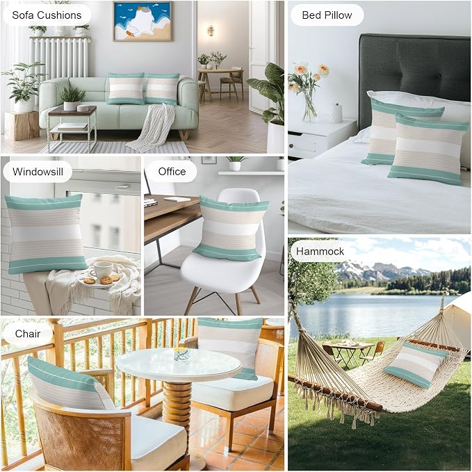Turquoise Beige Stripe Outdoor Pillow Covers Waterproof, All Weather Cushion Case Set of 2, Modern Art Horizontal Striped Decorative Pillowcases for Sofa Couch Bed Decor Patio Furniture 18"x18"