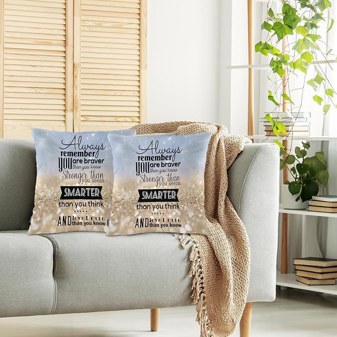 Swono Inspiration Quote Pack of 2 Decorative Throw Pillow Covers Cushion Covers, Remember You are Stronger Braver Couch Pillow Case Boho Pillowcase for Home Sofa Car 18"X18" Sparkle Golden
