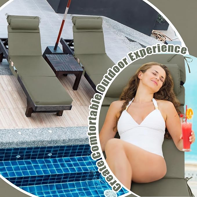 RattanView 2 Pcs Outdoor Chaise Lounge Cushion with Pillow and Side Pockets Waterproof Lounge Chair Cushions for Outdoor Furniture Patio Lounger Pad for Outside Pool Lawn (Light Green,72 x 21 x 4)