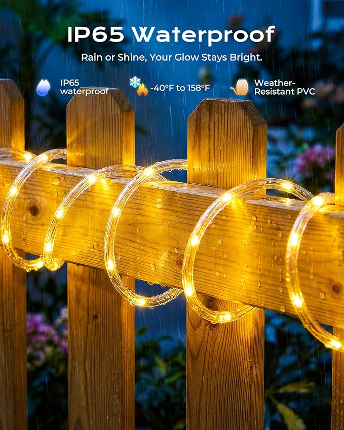Brightown 2 Pack Total 78FT 200LED Warm White Solar Rope Lights Waterproof | IP65 waterproof solar fairy lights with 8 lighting modes, solar powered, perfect decor for yard, garden and outdoor tree