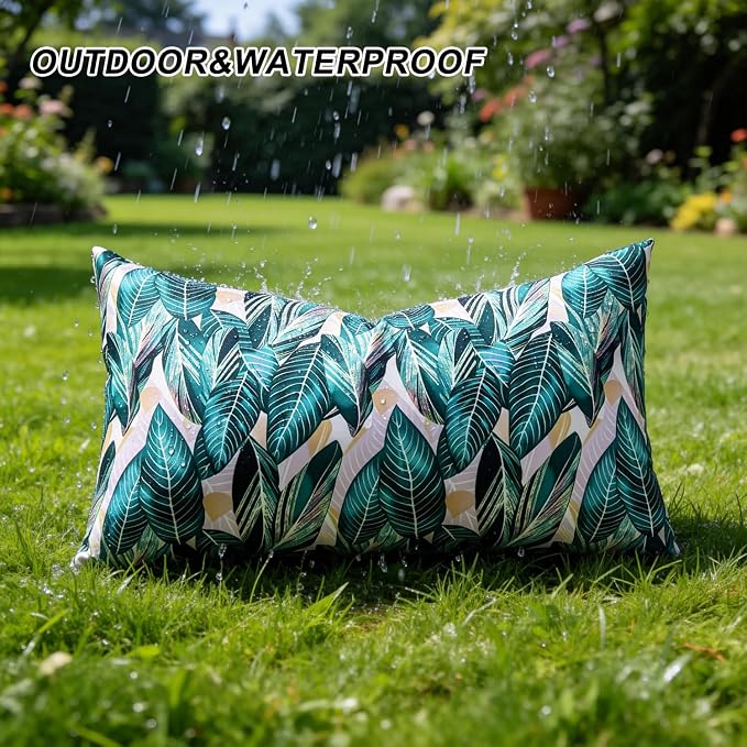 Decorative Waterproof Lumbar Pillow Covers Green Tropical Leaf Outdoor Throw Pillow Covers Summer Accent Couch Covers Garden Cushion Cases 12x20 Set of 2 for Patio Tent Bench Balcony Furniture Sofa