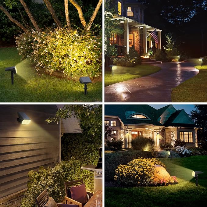 Solar Spotlight Outdoor, IP68 Waterproof, 65 LED, Warm White, 6 Pack | Dusk to Dawn Auto On/Off, 3 Lighting Modes, Adjustable Solar Panel, Luces Solares Para Exteriores for Yard Garden Landscape