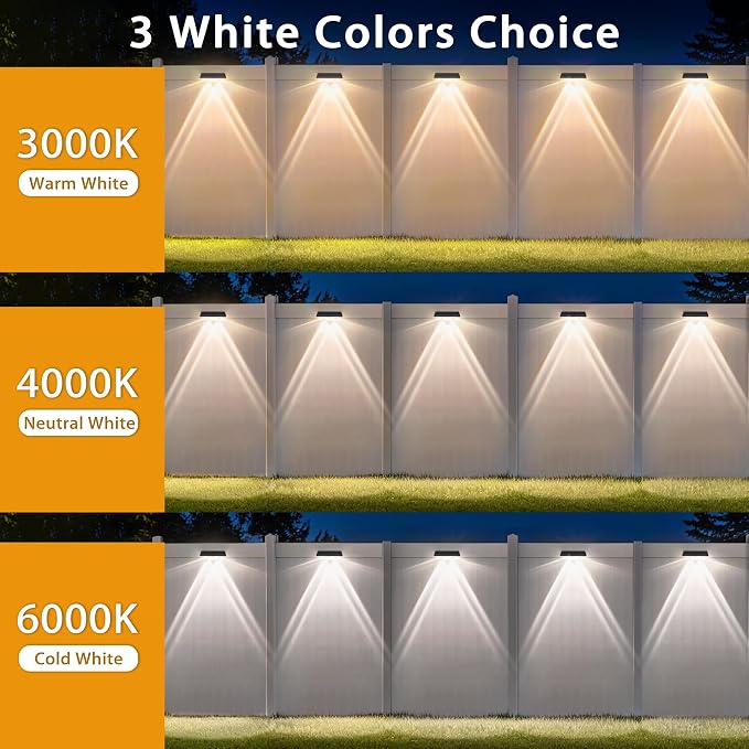 Solar Fence Lights Outdoor, 16-Pack 120LM Fence Lights Solar Powered, IP67 Waterproof Dusk to Dawn Auto On/Off 12+ Hours for Outside/Backyard/Wall/Step/Patio/Deck/Pool (3000K/4000K/6000K White)