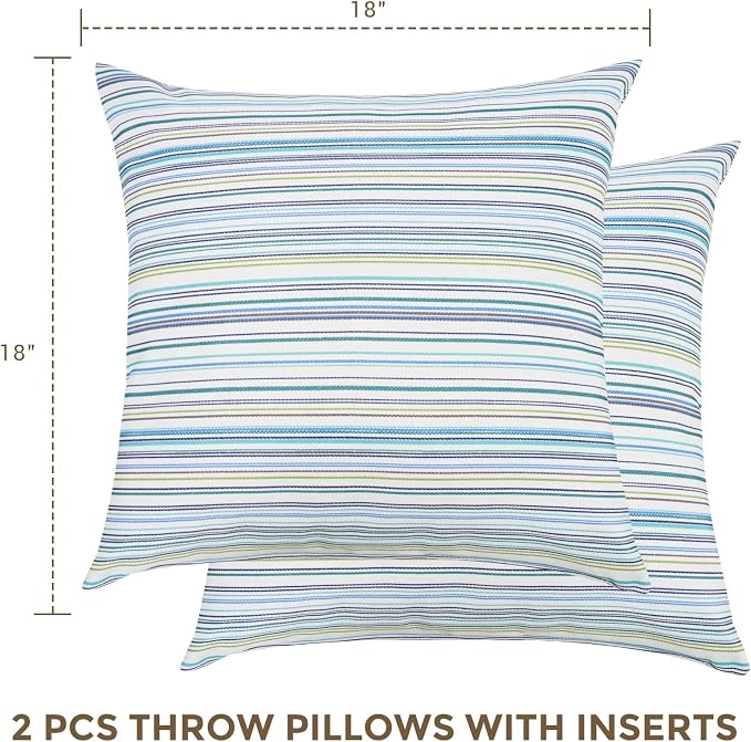 Throw Pillow with Insert, Set of 2, Outdoor Indoor Waterproof Decorative Patio Throw Pillow 18x18 Inch, Square Cushion for Couch Sofa Garden Farmhouse Decoration-Blue Stripe
