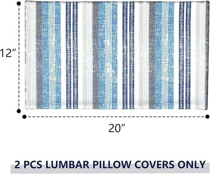 Outdoor Lumbar Pillow Covers 12”x20”, Rectangle Throw Pillow Covers for Patio Furniture, Decorative Lumbar Cushion Case for Garden Balcony Couch Office Chair, Pack of 2, Stripe Layered Blue