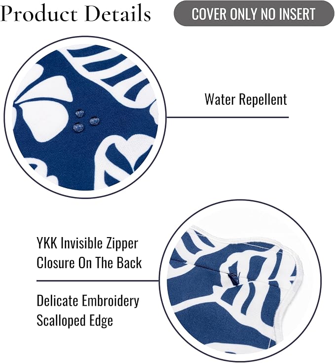 Hofdeco Premium Coastal Hampton Patio Indoor Outdoor Throw Pillow Cover Only, 20"x20" Water Repellent for Backyard, Couch, Poolside, Navy Blue Print Palm Leaves and Hisbucs Flowers