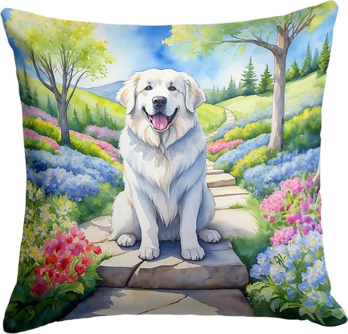 Caroline's Treasures Great Pyrenees Spring Path Throw Pillow Machine Washable, Indoor Outdoor Decorative Pillow for Couch, Bed or Patio, 14Hx14W