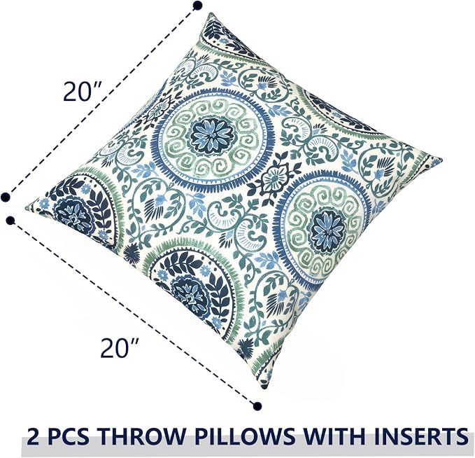 Outdoor Pillows with Insert 20x20 Inch, Waterproof Throw Pillow for Patio Furniture, Decorative Back Cushion for Garden Home Sofa Office Chair, Set of 2, Medallion Blue