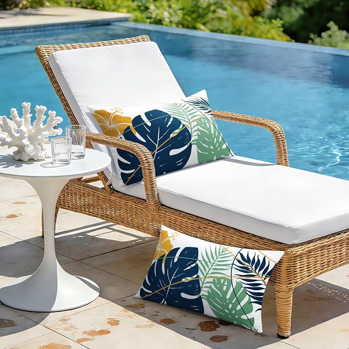 OTOSTAR Outdoor Waterproof Throw Pillow Covers 16x24 Inch Set of 2 Double-Sided Dark Blue Yellow Tropical Leaf and Flower Spring Summer Decorative Pillow Cases for Patio Funiture Garden Balcony Couch