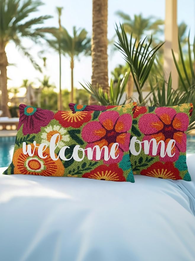Outdoor Waterproof Throw Pillows 12x20in, Farmhouse Rustic Orange Red Floral Patio Pillows Pack of 2, Decorative Pillow Covers with Insert, Pillow Cushion Case for Garden Abstract Green Leaves