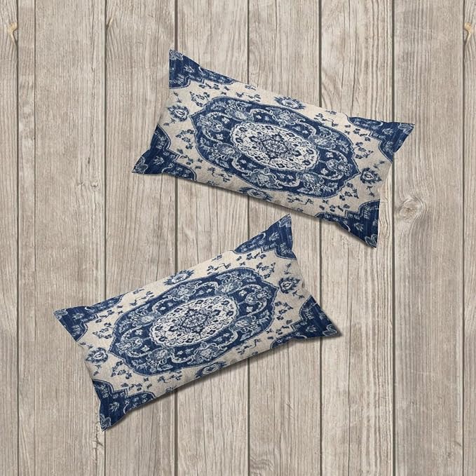 Set of 2 Classical Navy Blue Damask Pattern Pillow Covers 12x24in Farmhouse Canvas Cushion Covers Outdoor for Couch Chair Home Decor for Family Friends
