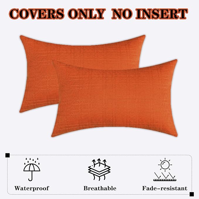 Kevin Textile Outdoor Waterproof 12”x24” Pillow Covers 2 Pack, Orange | Water Resistant, Soft Faux Linen-cotton Yarn-dyed Woven Texture Throw Pillow Covers for Tent Patio Garden Couch Sofa