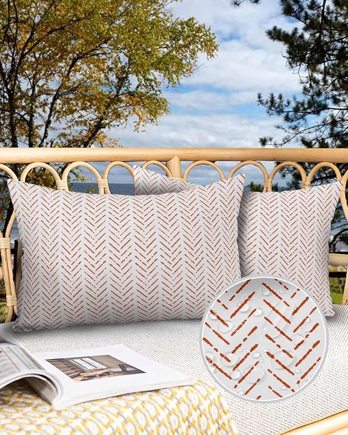 Orange White Striped Outdoor Pillow Covers Waterproof,All Weather Cushion Case Set of 2 Lumbar Pillowcase for Sofa Couch Bed Decor Patio Furniture 20"x12" Modern Geometric Minimalist Stripes