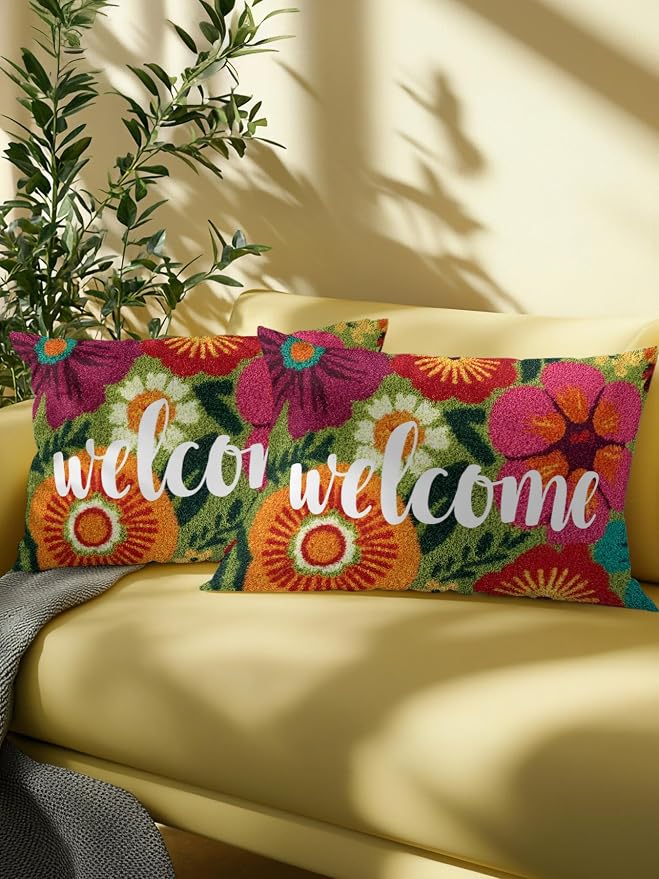 Outdoor Waterproof Throw Pillows 12x20in, Farmhouse Rustic Orange Red Floral Patio Pillows Pack of 2, Decorative Pillow Covers with Insert, Pillow Cushion Case for Garden Abstract Green Leaves