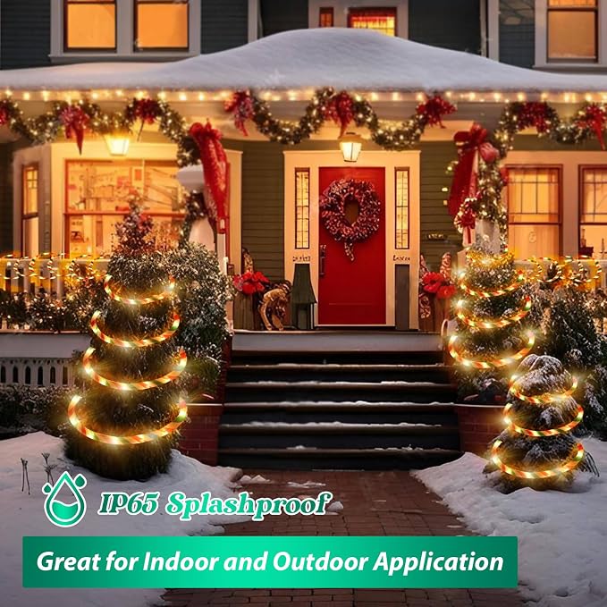Vigdur Candy Cane Rope Lights Outdoor, 33FT 216 LEDs Christamas Rope Lights | Connectable And Flexible Clear Tube, IP65 Waterproof, Christmas Rope Lights for Patios Gardens Parties And Christmas Décor